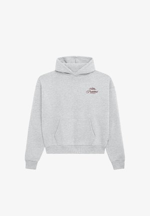 Šedá mikina s kapucí z měkké tkaniny, s přední kapsou, žebrovanými manžetami a malým vínovým logem s textem na hrudi.