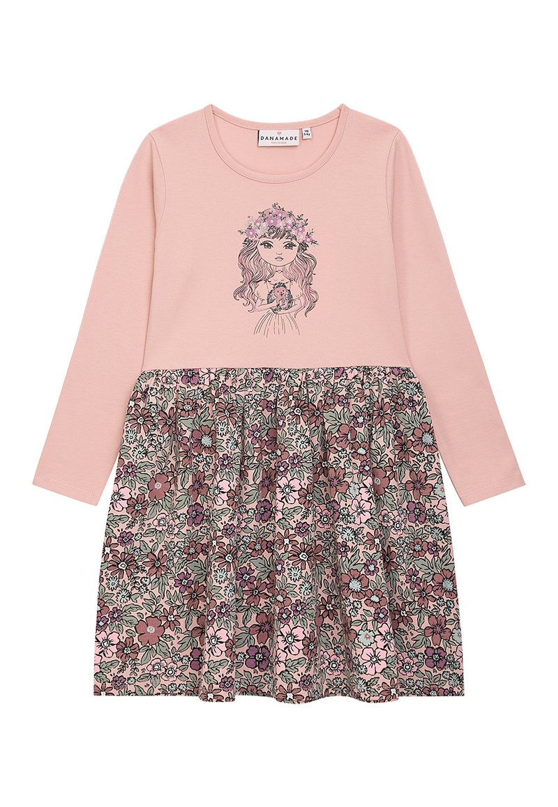 Rosa langärmeliges Kleid mit einem rockartigen, floral gemusterten Saum, das ein Druckdesign eines Mädchens mit Blumen und sanften Rüschen an der Taille zeigt.