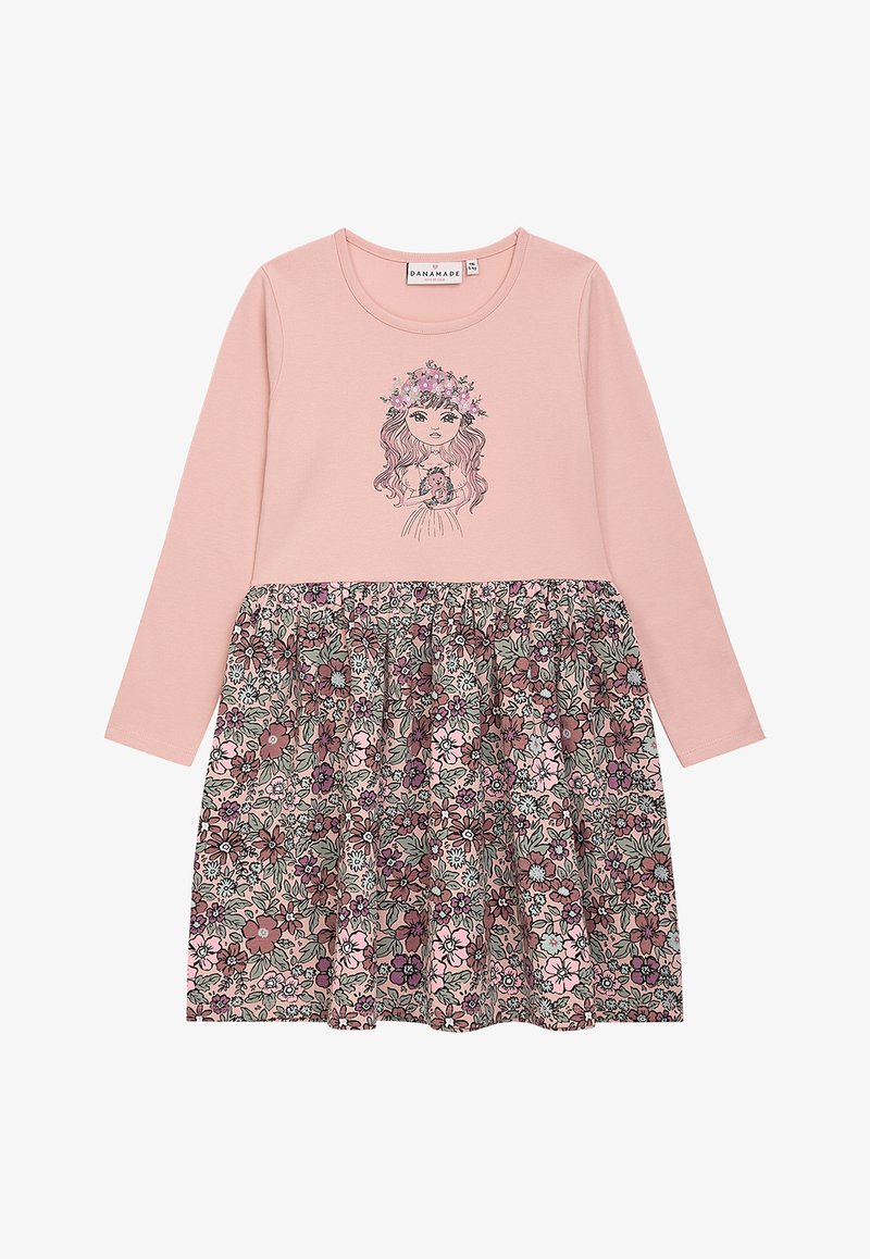 Rosa langärmeliges Kleid mit einem rockartigen, floral gemusterten Saum, das ein Druckdesign eines Mädchens mit Blumen und sanften Rüschen an der Taille zeigt.