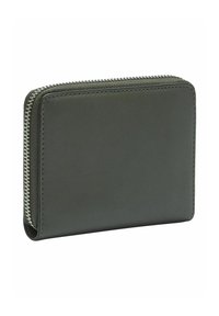 Portefeuille en cuir vert de forme rectangulaire, doté d'une fermeture éclair argentée et d'une texture lisse. Design minimaliste sans logos ni motifs apparents.