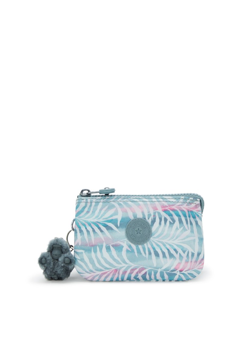 Gevoerd zakje met een blauwe achtergrond, met roze en witte bladdessins; inclusief een pluizige blauwe sleutelhangeraccent.