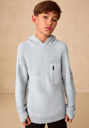 Junge mit kurzen braunen Haaren, der einen hellgrauen gestrickten Hoodie mit Reißverschlusstasche auf der Brust vor einem beigen Hintergrund trägt.
