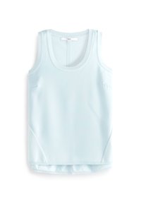 Débardeur bleu clair sans manches avec encolure arrondie et bord côtelé, posé à plat sur fond blanc.
