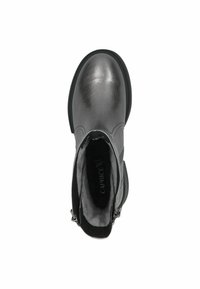 Botines grises de tobillo con un exterior de cuero liso, punta redondeada y paneles laterales elásticos. Presentan un suave forro de pelo y una suela de goma resistente.