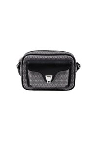 Borsa a fantasia nera e grigia con chiusura a zip, dettagli in pelle, tasca frontale e accessori in argento. Forma rettangolare, design compatto.