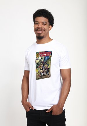 Hvid bomulds t-shirt med et farverigt "Guardians of the Galaxy" comic print på forsiden. Korte ærmer, rund halsudskæring.
