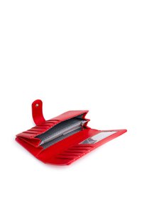 Red leather wallet with textured finish, featuring a zippered compartment, card slots, and a transparent ID window against a zigzag patterned interior.