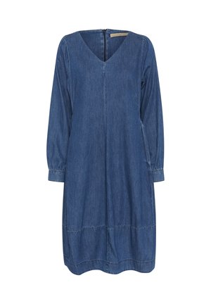 Džinsinė suknelė su V formos iškirpte, ilgomis pūkuotomis rankovėmis ir užtrauktuku nugaros pusėje; pasižymi laisvu siluetu ir siūlėmis ant juosmens ir apvado.