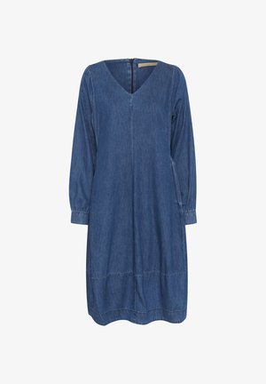 Denim kleit V-kaelusega, pika puhvliku seeliku ja tagaküljel lukuga; omab vabalt langevat siluetti ning õmblusi vöökoha ja allääre ümber.