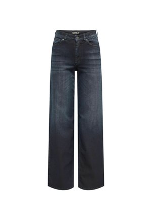 Dunkelblaue, weit geschnittene Jeans aus Denim mit hoher Taille, subtilen Verwaschungen und einem klassischen Fünf-Taschen-Design. Markenlabel am Bund sichtbar.