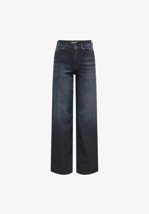 Jeans a gamba larga di colore blu scuro in denim, con vita alta, leggere sfumature e un classico design a cinque tasche. Etichetta del marchio visibile sulla vita.