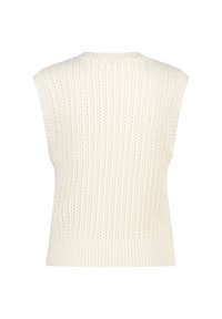 Sleeveless cream knit top featuring a ribbed texture with vertical stripes and small openings, finished with a ribbed hem.
