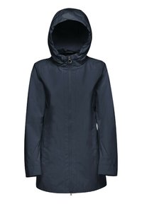 Chaqueta impermeable navy con capucha, que cuenta con un cierre en la parte frontal, mangas largas y dos bolsillos laterales. Textura suave y diseño sencillo.