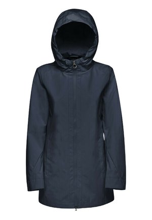 Marineblauwe waterdichte jas met een capuchon, voorzien van een rits aan de voorkant, lange mouwen en twee zijzakken. Soepele textuur en eenvoudig ontwerp.