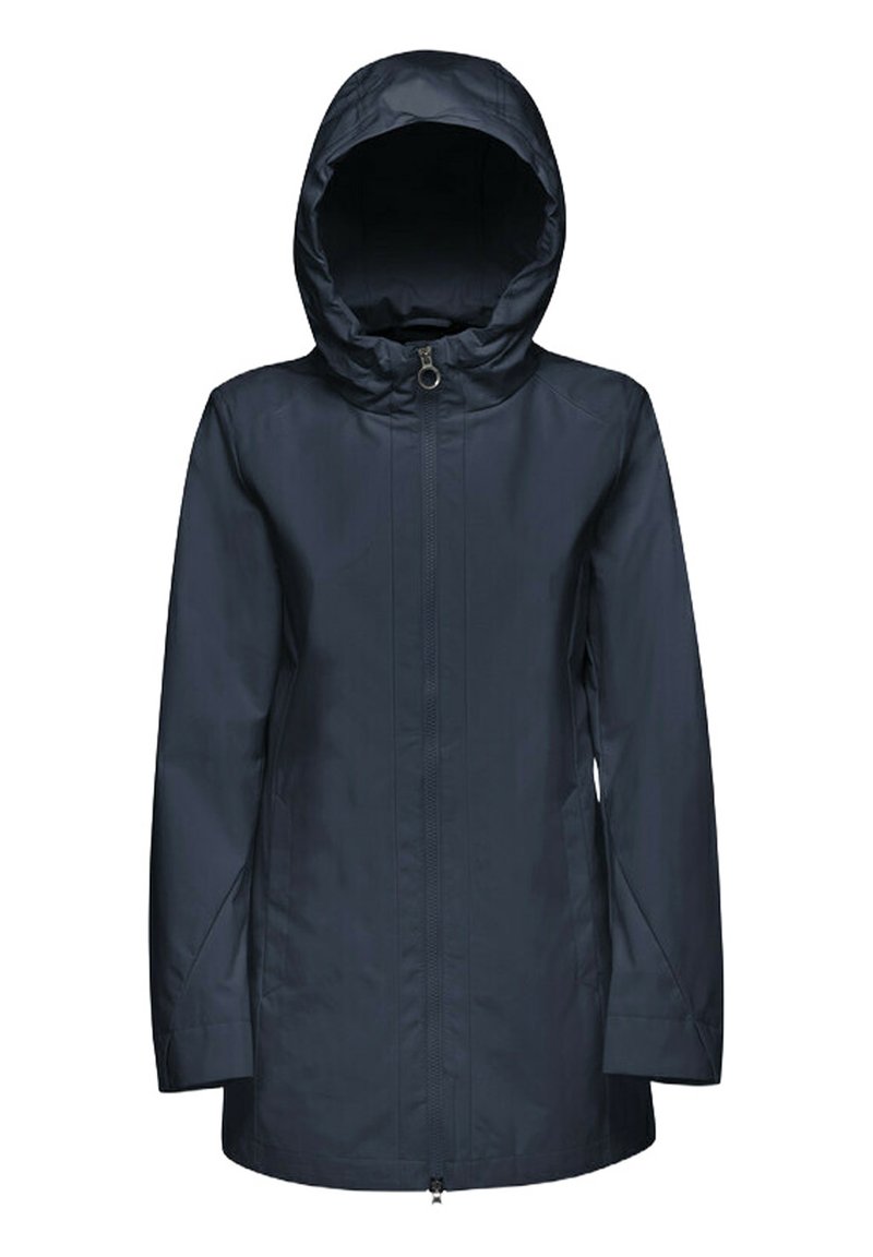 Chaqueta impermeable navy con capucha, que cuenta con un cierre en la parte frontal, mangas largas y dos bolsillos laterales. Textura suave y diseño sencillo.