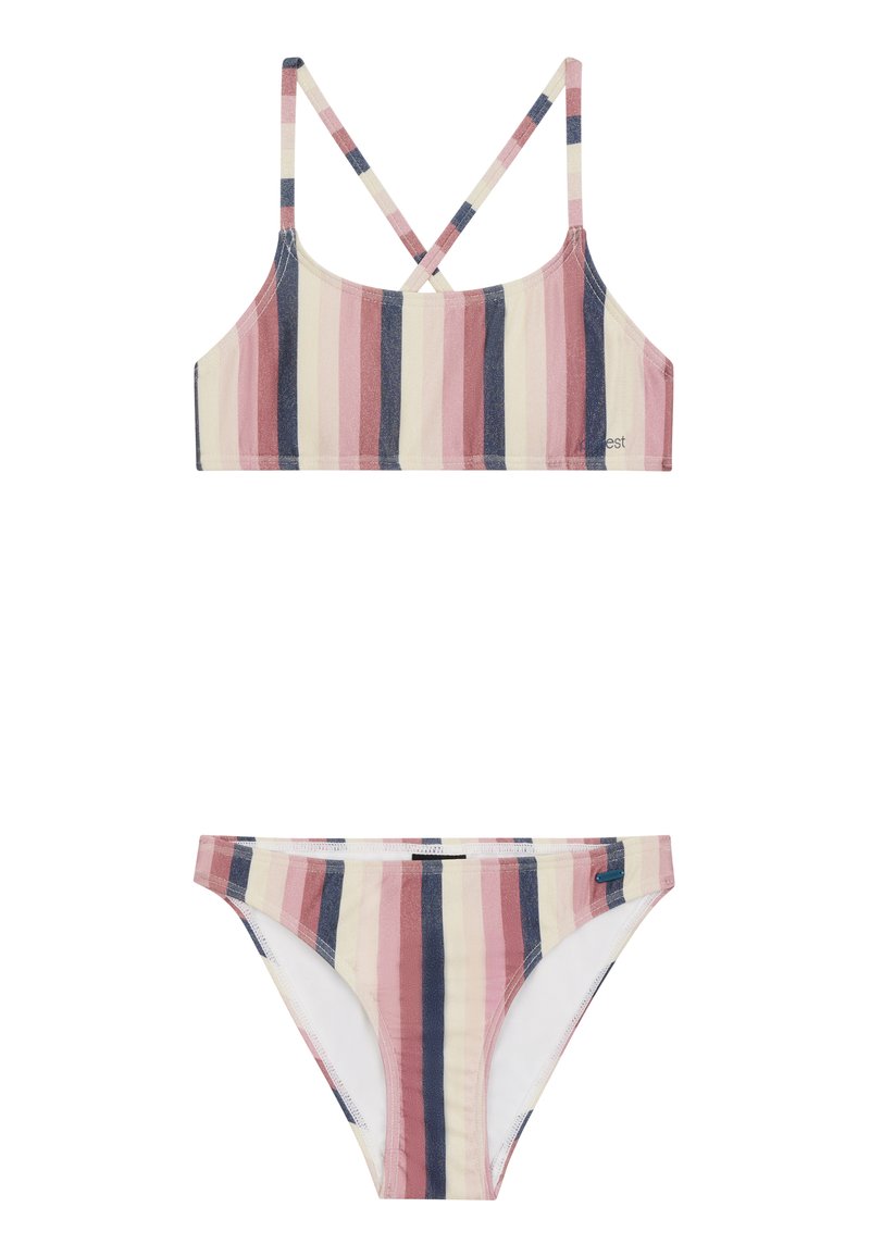 Conjunto de bikini a rayas que incluye un top corto con tirantes cruzados y un bikini de tiro bajo a juego, hecho de una suave tela en tonos de rubor, crema y azul marino.