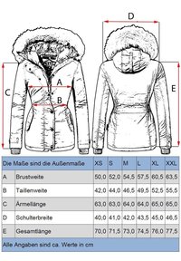 White hooded jacket with fur trim, zipper and button closure, side pockets, and a fitted design. Size chart in centimeters below the jacket images.
