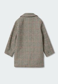 Ruudullinen takki, jossa on kauluksellinen kaula-aukko, valmistettu teksturoidusta kankaasta neutraaleissa sävyissä, pitkät hihat ja löysä, neliön muotoinen siluetti.