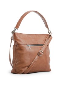 Borsa a spalla in pelle marrone con una finitura testurizzata, dotata di una tracolla e di una tasca frontale con zip. Design elegante e funzionale.