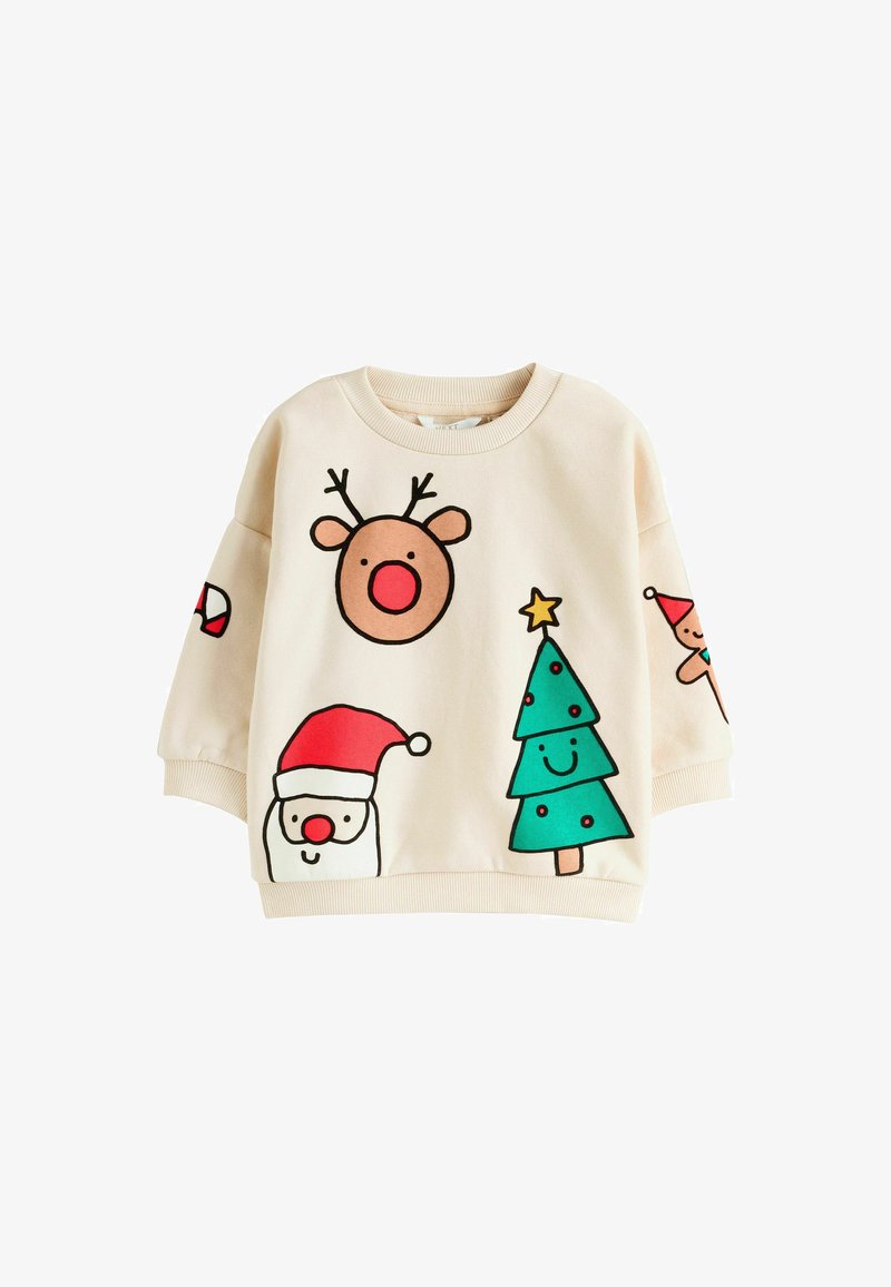 Beige sweatshirt with festive graphics: a reindeer, Santa, Christmas tree, and gingerbread man in vibrant colors. Cuffs and hem are ribbed.