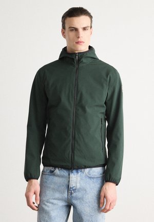 Jachetă verde ușoară cu glugă, dotată cu buzunare laterale cu fermoar, fermoar frontal complet și manșete elastice. Țesătură texturată cu un finisaj neted.