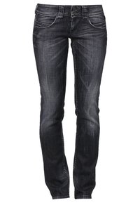 Jeans de mezclilla gris oscuro con un corte slim, diseño clásico de cinco bolsillos y sutiles detalles de desgaste. Cuenta con una bragueta de botones y costuras en contraste.