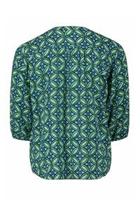 Blouse à motifs verts et bleus avec manches 3/4, présentant un design géométrique de formes entrelacées et une coupe décontractée.
