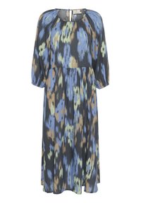 Vestido de tejido suave y ligero con un patrón abstracto en negro, azul, verde y beige. Silueta fluida con mangas de 3/4 y cierre en la parte posterior.