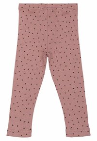 Roze geribbelde legging met een herhalend patroon van kleine zwarte hartjes, voorzien van een elastische tailleband en aansluitende enkels.