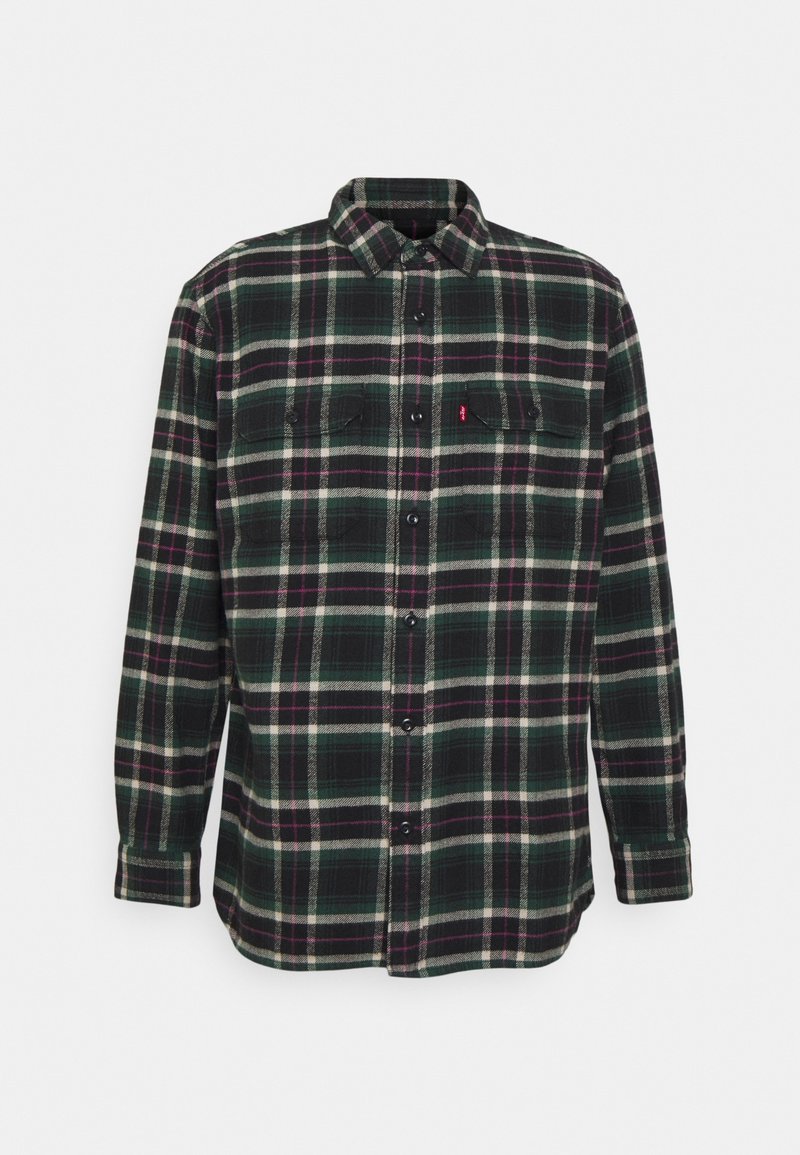 Chemise en flanelle à manches longues avec boutons, motif à carreaux vert, noir, blanc et violet, avec deux poches poitrine.