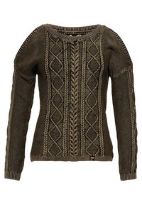 Světle olivově zelený svetr s texturovaným pletením, zdobený kabelovými vzory a kulatým výstřihem. Dlouhé rukávy a žebrované manžety dotvářejí celkový design.