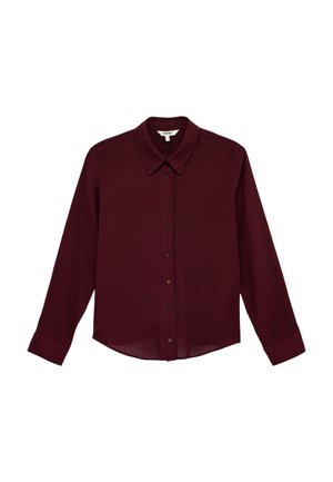 Long-sleeve burgundy button-up shirt with a pointed collar, buttoned cuffs, and a slightly curved hemline.