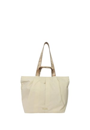 Borsa tote beige con due set di manici, uno corto e uno lungo con stampa mappa del mondo, al centro davanti con logo "FILAWE" a rilievo.