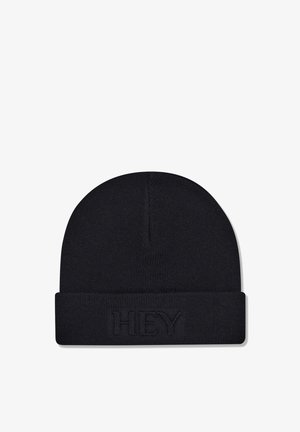 Black knitted beanie with a folded cuff, featuring an embroidered "HEY" text on the front. Soft texture and rounded top design.