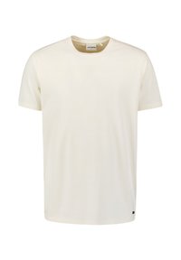 Korte mouw t-shirt in gebroken wit, gemaakt van gestructureerde stof. Heeft een ronde halslijn en een klein logo aan de zoom.