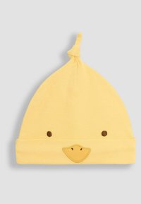 Geel katoenen babyhoed met een knoop bovenop, voorzien van een eendengezicht ontwerp met bruine accenten op de ogen en de snavel. Zachte textuur.
