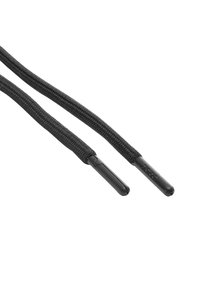 Black shoelaces with a textured braided design, featuring smooth plastic tips for easy lacing. Length suitable for various shoe styles.