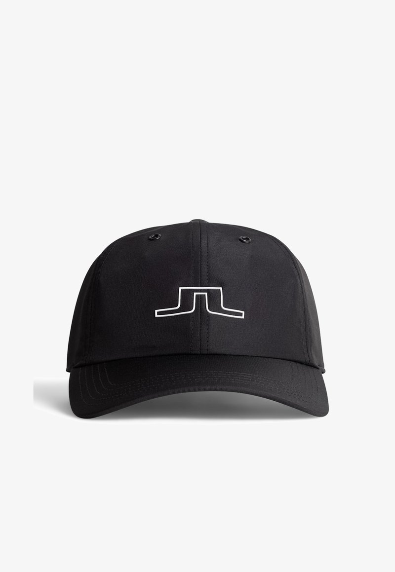 Black baseball cap with a structured crown and curved visor. Features a white minimalist logo centered on the front. Made from fabric.