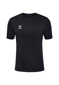Zwarte T-shirt met korte mouwen, gemaakt van gladde stof, met een ronde hals en een klein wit Hummel-logo aan de bovenkant links.