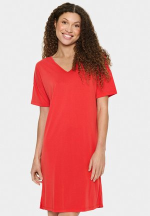 Red V-neck dress with short sleeves, made from soft fabric. Features a relaxed fit and a slightly longer back hem for comfort.
