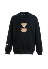 Sudadera negra con un oso de peluche bordado y texturizado en la parte delantera. Cuello redondo y puños acanalados. Material de algodón suave.