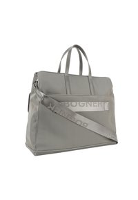 Borsa tote in nylon grigia con doppi manici e una larga tracolla regolabile. Presenta un logo in evidenza e un design strutturato e rettangolare.