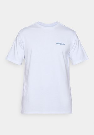 White cotton t-shirt with short sleeves, round neckline, and a light blue Patagonia logo printed on the left chest. Smooth texture.