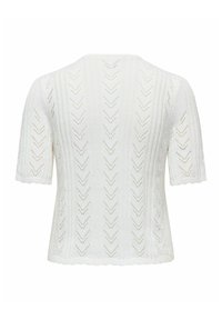 Haut en maille blanc à manches courtes avec bords festonnés et motif ajouré en chevrons verticaux sur fond uni.