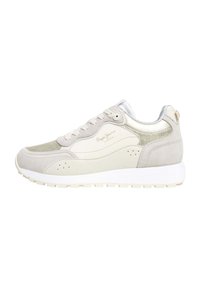 Gray sneaker with suede and metallic accents. Features a white midsole and rubber outsole. Lace-up design with perforated details on the toes.