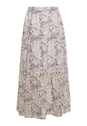 Cvečni maxi krilo z elastičnim pasom, ki ima svetlo vijoličasto, rumeno in belo vzorčenje, večplastno zasnovo in mehak teksturiran material.