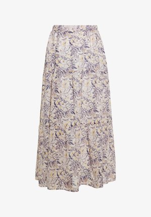 Fustă maxi florală cu talie elastică, având un model în nuanțe de mov deschis, galben și alb, design în straturi și o textură de țesătură moale.