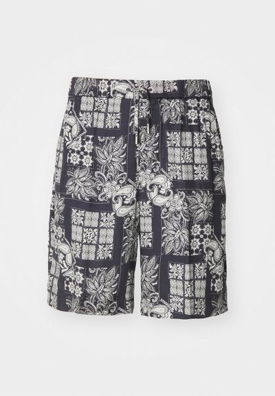 Navy blue shorts featuring a white paisley and floral pattern, made of lightweight fabric with an elastic waistband and drawstring.