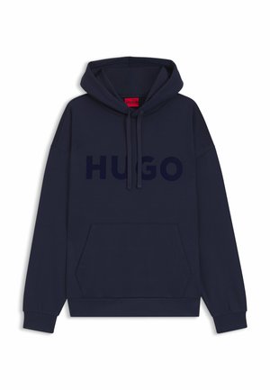 Mørkeblå hoodie med snoretræk, kængurulomme, ribbede manchetter og "HUGO" logo trykt på tværs af brystet.