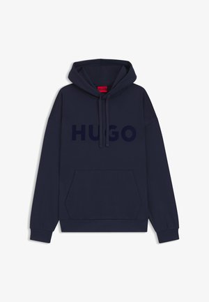 Navy blue hoodie with drawstrings, kangaroo pocket, ribbed cuffs, and "HUGO" logo printed across the chest.